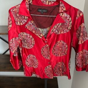 Gigi Clark Jacket Blazer Red Gold Womens sz 3 Floral USA Asian Ornate Button Up